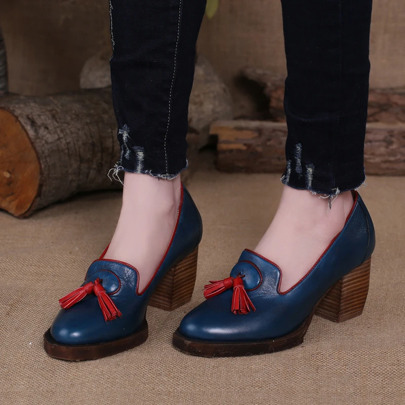2017 Genuine Leather font b Women b font Pumps Shoes High Heels Tassel Slip on Cowhide