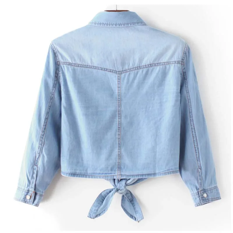 Women's Blouse Female Summer Denim Jacket Shirt Thin Short Knot Shawl Crop Tops Cardigan Sunscreen Clothing 3