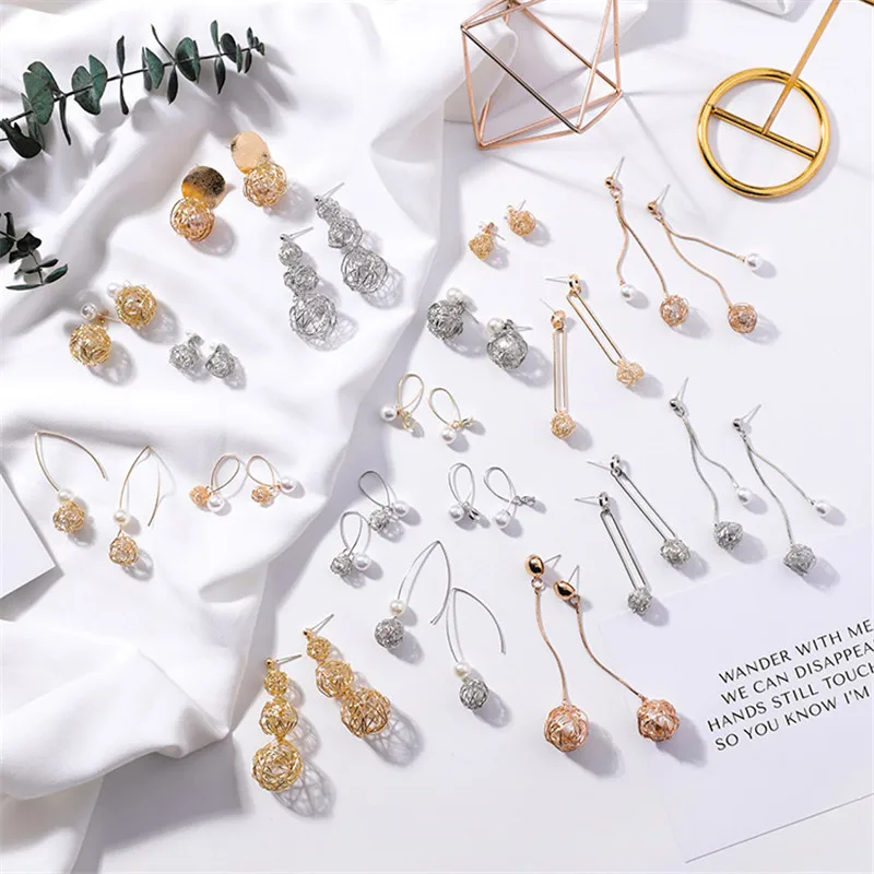 

Simple Hollow Metal Wire Ball Pearl Drop Earrings for Women Geometric Parl Tassel Dangle Earrings Girl Party Jewelry