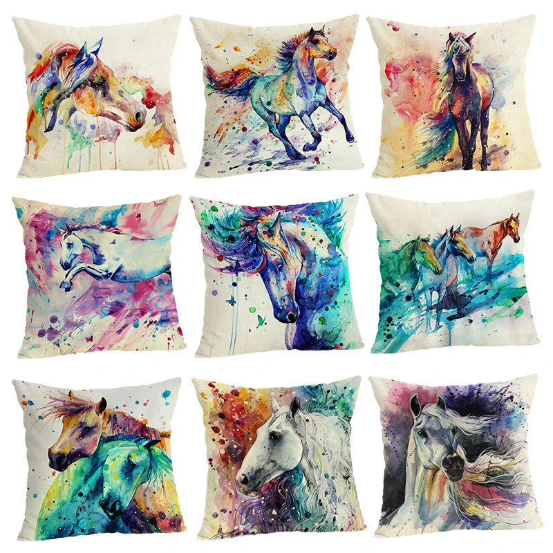 

Nordic Style Cute Custom Horse Pattern Throw Pillow case Linen Cotton Cushion Cover Creative decoration for Sofa Car covers