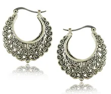 

Vintage Lace Floral Earrings For Women Ethnic Jewelry Antique Silver Plated Retro Hollow Out Metallic Peacock Feather Earring