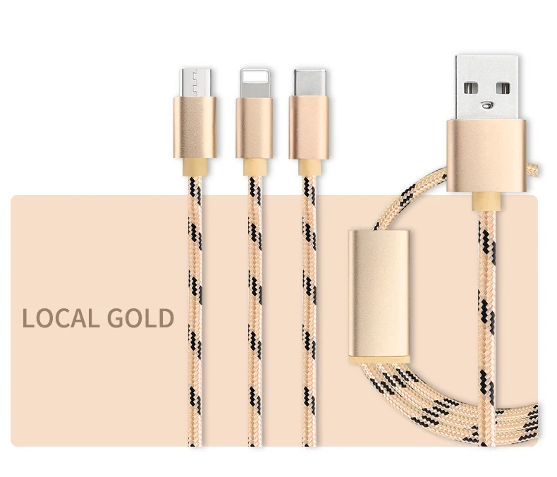 3 в 1 USB кабель 2 в 1 Тип C 8 Pin кабель зарядного устройства микро-usb для iPhone X samsung S9 S8 huawei P20 3A USB-C Android телефонные кабели - Цвет: Золотой