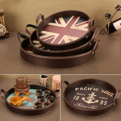 

European Retro Leather Round Storage Tray Multifunction Coffee Table Fruit Cup of Water Tea Cup Plate Necklace Decorative Trays