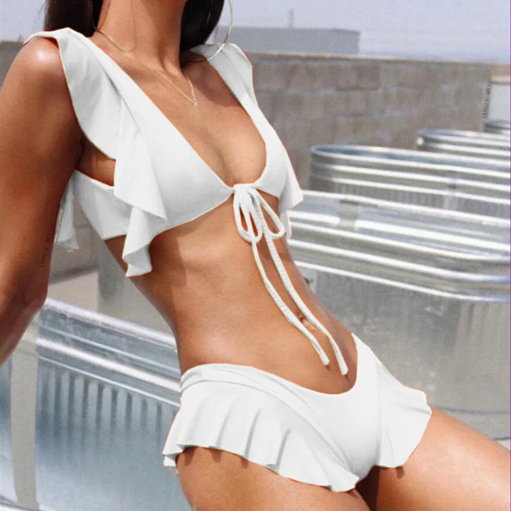 

Female Swimsuits 2019 Women Ruffled Flounce Push-Up Padded Bra Beach Bikini Set Beachwear Swimwear Solid Color Sexy Swimwear