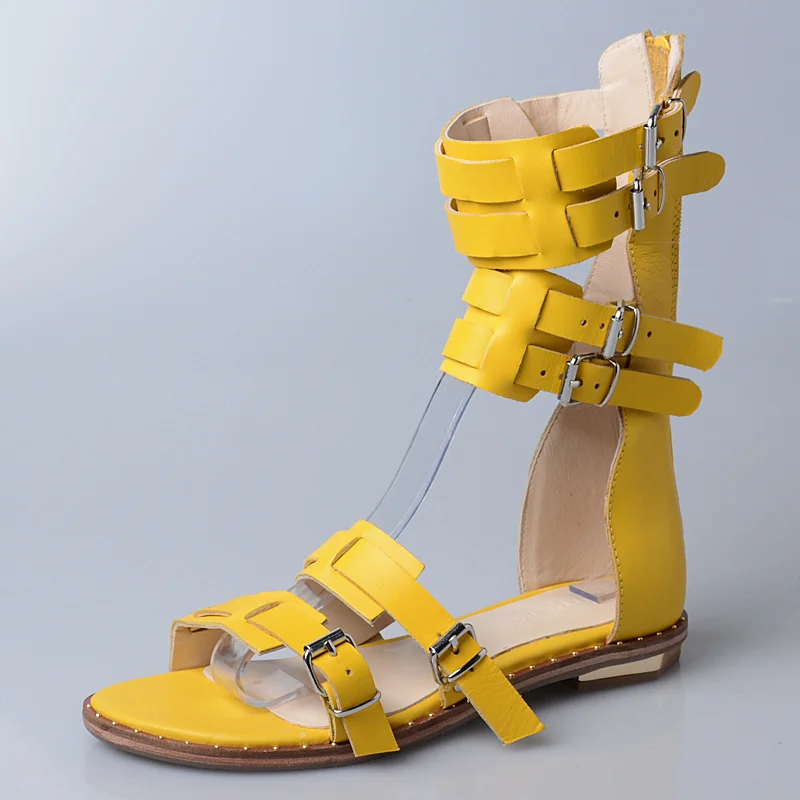 Prova Perfetto с открытым носком на ремешке с пряжкой; длинные сандалии на плоской подошве; модные сандалии-гладиаторы в стиле ретро; женские сандалии из натуральной коровьей кожи - Цвет: yellow