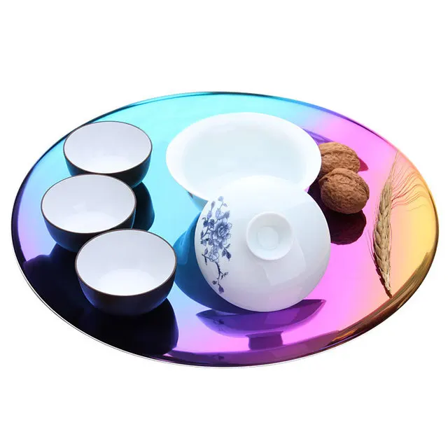 

Stainless Steel Storage Tray Metal Round Trays Design European Style Color Titanium Fruit Food Cake Dessert Plate DecorationZ594