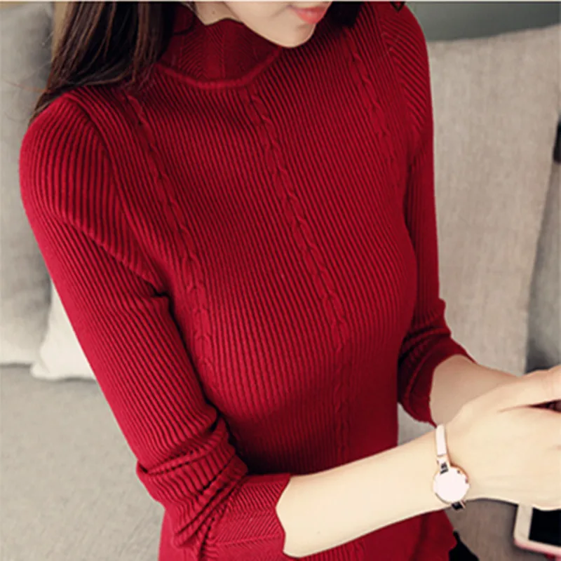 Распродажа, весенний женский облегающий вязаный свитер с высоким воротом, женский корейский эластичный Повседневный пуловер - Цвет: dark red