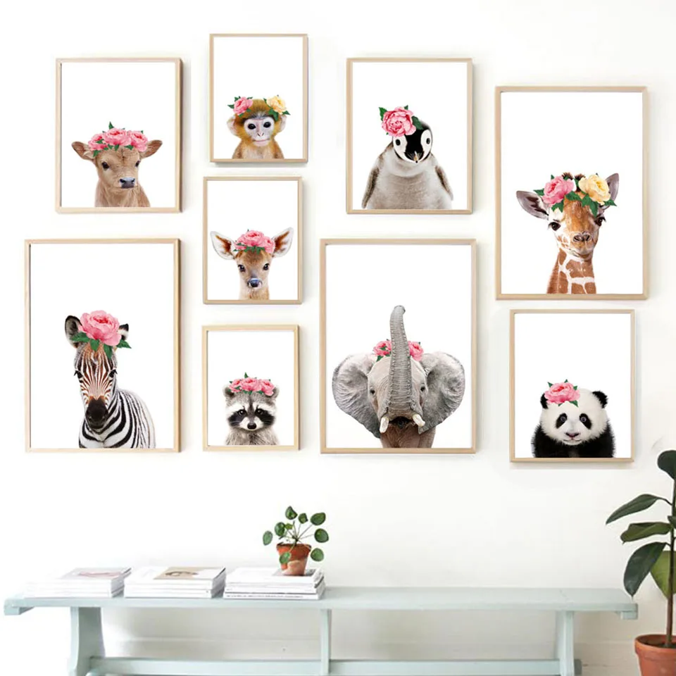 Pink-Rose-Flower-Zebra-Giraffe-Panda-Nordic-Posters-And-Prints-Wall-Art-Canvas-Painting-Nursery-Wall