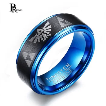 

Legend of Zelda Rings for Men 8MM Tungsten Carbide Wedding Bands Ring Two-Tone Blue Black Step Edges Triforce Logo