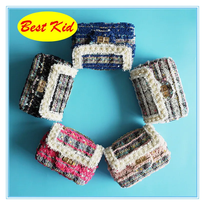 

DHL Free Shipping! BestKid Stylish Tweed Lace Pearl shoulder bags for toddlers Baby girls Coin purse little kids Bags SMT063D