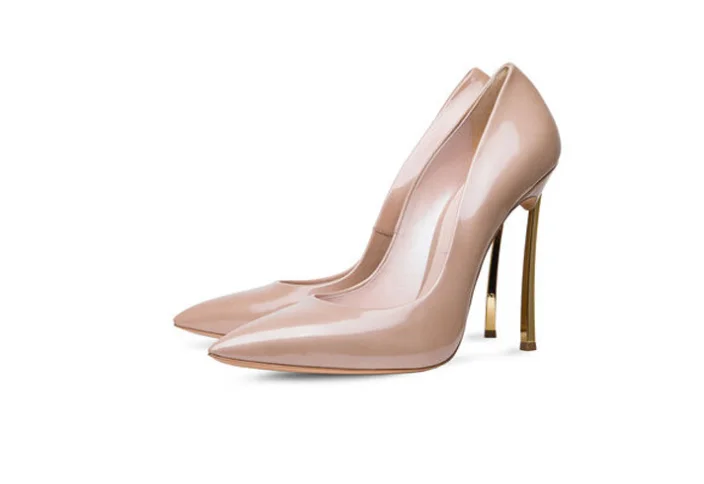 

Brand designer women super high heels 2019 Fashion pointed toe nude patent leather pumps top quality thin heel dress shoes 42