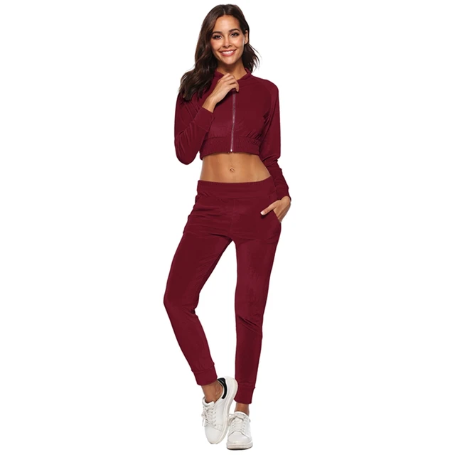 Sexy 2 Pieces Women Tracksuit Autumn Zipper Sportswear Long Sleeve Crop ...