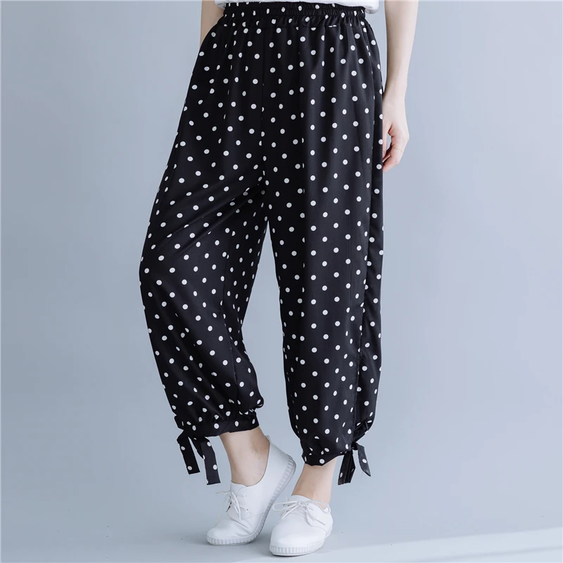 #0638 White Polka Dot Printed Black Bloomers Harem Pants Women Elastic Waist Trousers Casual Thin Ankle-length Korean Fashion #0638 White Polka Dot Printed Black Bloomers Harem Pants Women Elastic Waist Trousers Casual Thin Ankle-length Korean Fashion