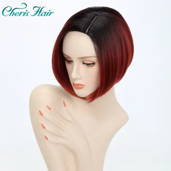 

Fashion Afro Wig Short Simple Style Ombre Dark Roots Bulk Hair Straight Wigs Wright Brown Red For Women Wigs With Bangs