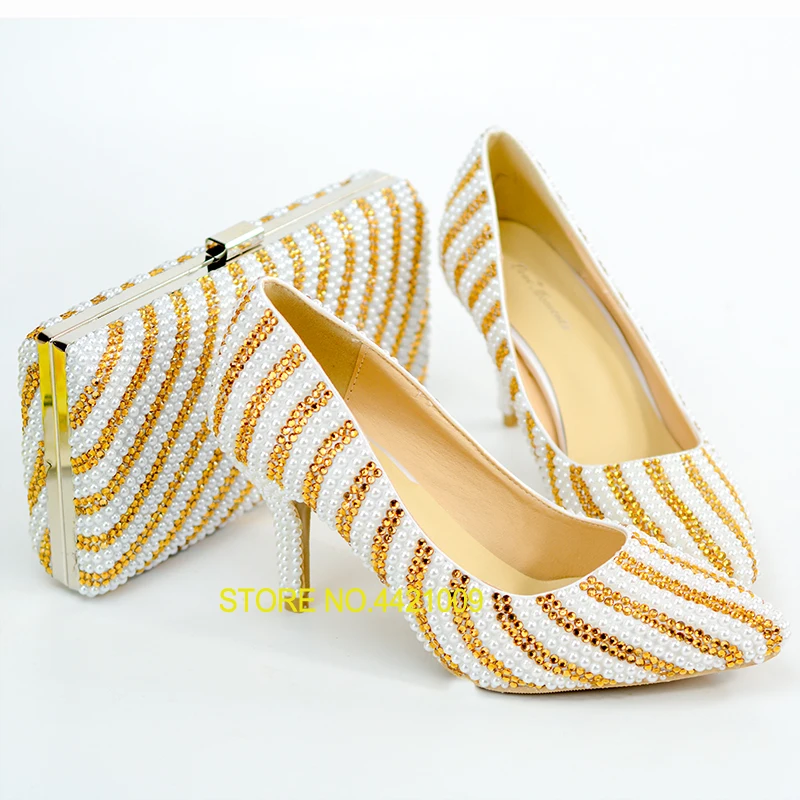 

Custom Gold Shoes and Bag Set Wedding Shoes Party Clutches Italy Style Sweety Princess High Quality Pearls Crystal Made Handwrok