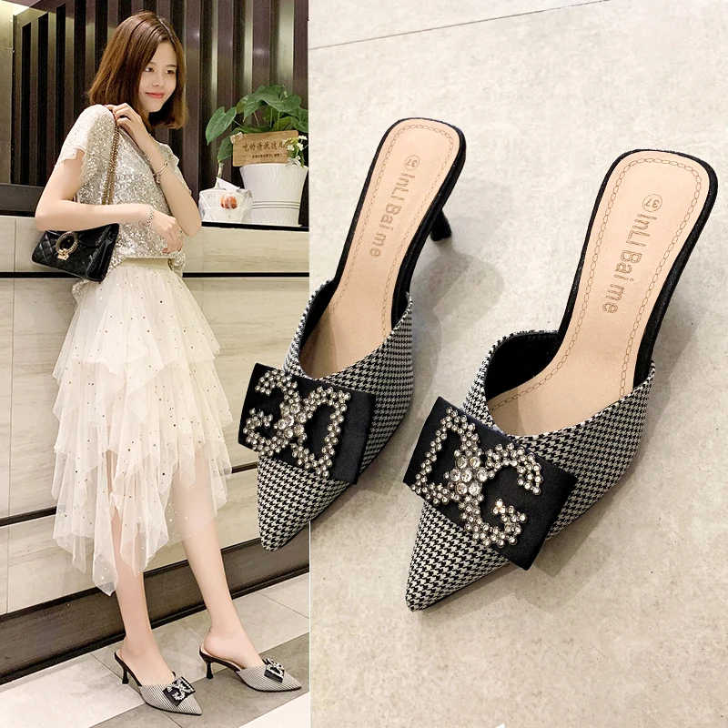 

2019 Fashion Summer spring Women Slippers shiny Rhinestone dress ladies shoes outside pointed toe grid cloth sapato feminino