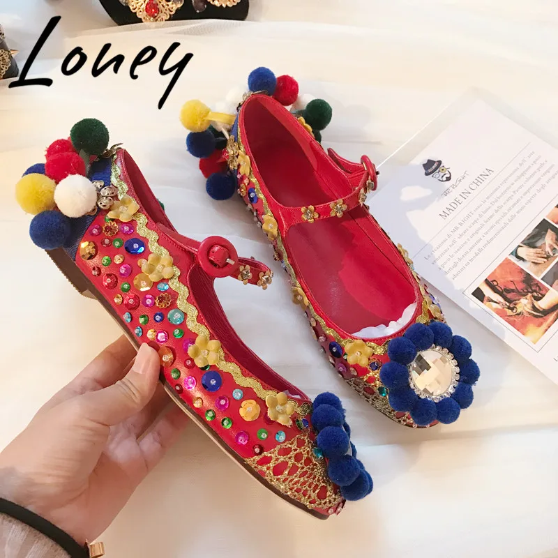 

Loney New Party Wedding Genuine Leather Glitter Bling Bling Women Low Heel Shoes Round Toe Pom Pom Buckle Strap Women Shoes