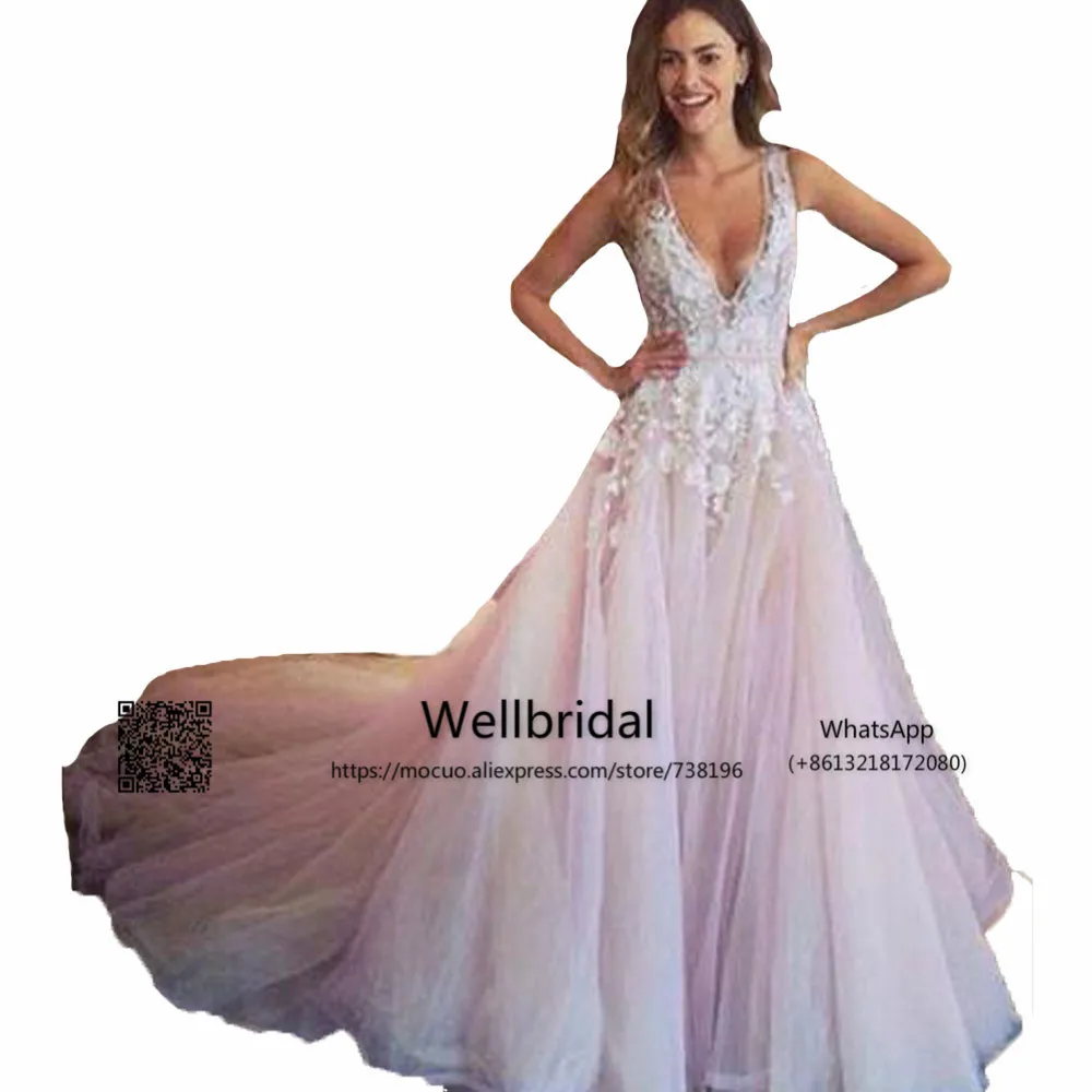 A-line V-neck Light Pink Flower Appliqued Tulle Wedding Dress,N10 2 ps