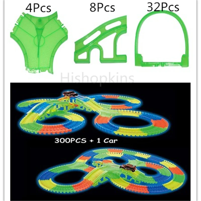 Glow гоночной трассе изгиб Flex светятся в темноте Ассамблея игрушка 112/160/256/300 шт. слот гоночной трассе + 1 шт. водить автомобиль головоломки