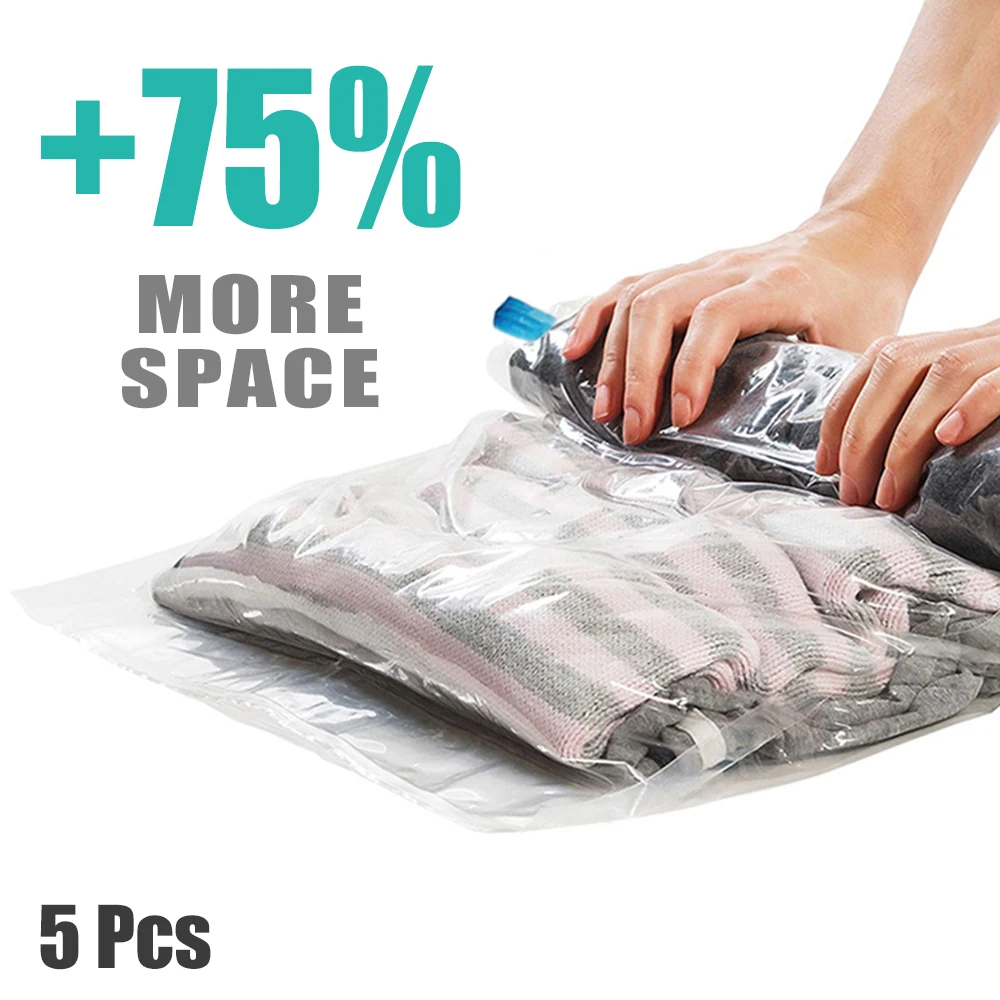 5 pcs Hand Rolling Compression Storage Bags for Clothes Plastic Vacuum ...