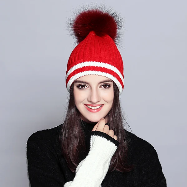 Beanies Лоскутные элегантные шерстяные вязанные шапки высокого качества помпон из меха енота Новая модная шапка Femme# MZ731 - Цвет: Красный