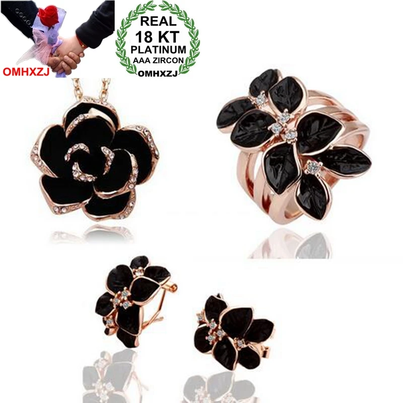 

OMHXZJ AAA Zircon Crystal Silver Gold 18KT Platinum Dripping Woman Bride Camellia Necklace Earrings Ring Jewelry Sets ST44