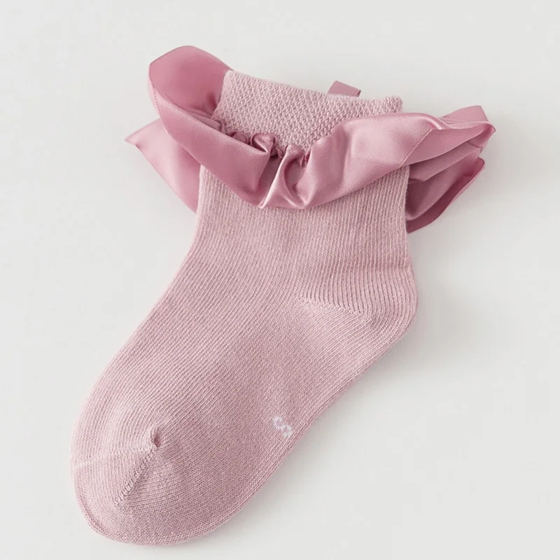 Детские кружевные хлопковые короткие носки принцессы с оборками для маленьких девочек милые безбортные носки для девочек белого и розового цвета с мягкой отделкой и бантом для малышей, От 2 до 8 лет - Цвет: Pink