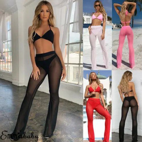 

Sexy Women Beach See-through Mesh High Waist Elastic Sheer Wide Leg Pants Trousers Bikini Cover Up S-XL