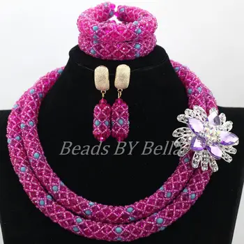 

Handmade Nigerian Beaded Necklaces Sets Chunky Women African Lace Jewlery Set Fushia Crystal Beads New Hot Free Shipping ABK920
