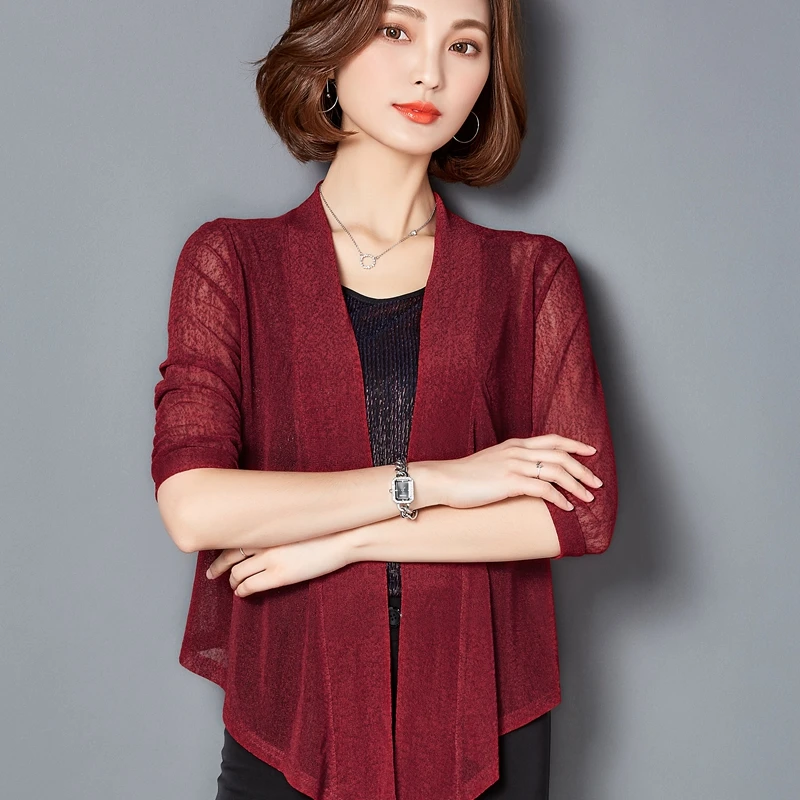 

Women's cardigan summer female large size loose thin ice silk seven sleeve short paragraph shawl air conditioning shirt