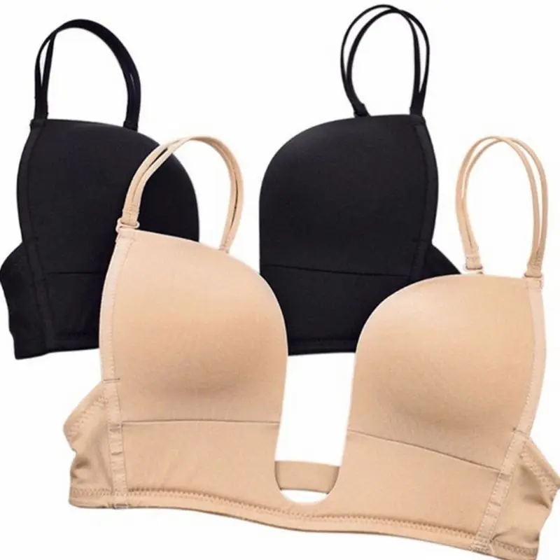 Womens Plunge U Shape Push Up Bra Invisible Convertible Straps Solid