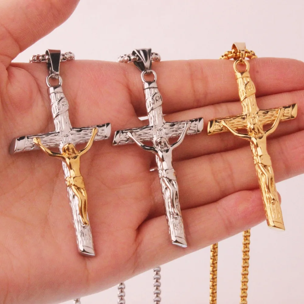

New Stainless Steel Link Silver/ Gold/Silver Gold Christian Cross Pendant Mens Boys Jewelry Jesus Box Chain Necklace 58mm*31mm