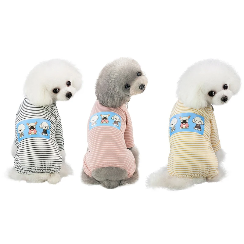 

Cute Dog Puppy Apparel Jumpsuit 3 Colors Pet Pajamas Cartoon Dogs Print Striped Cotton Romper 4 Sleeves Costume 5 Sizes Top