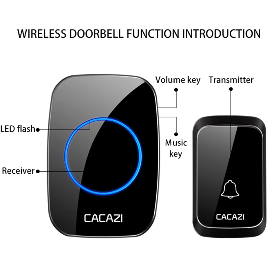 Беспроводной водонепроницаемый дверной звонок CACAZI, умный, работающий от батареи постоянного тока, 300 м, пульт дистанционного управления, 1, 2 кнопки x 1, 2 приемника, 36 колокольчиков, беспроводной дверной Звонок
