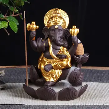 

Ganesha Smoke Waterfall Backflow Incense Burner Holder Ceramic Lotus Incense Stick Holder Elephant Gold Censer Home Decor