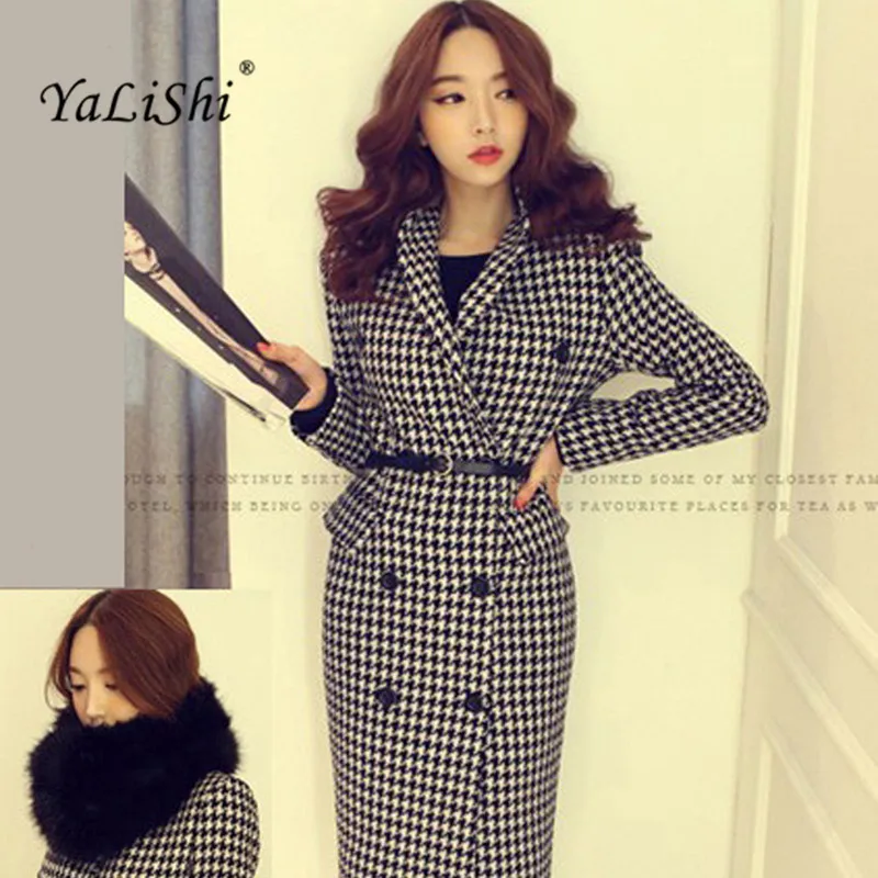 

2018 New Autumn Winter Double-breasted Vintage Woolen Coat Women Turn-down Collar Houndstooth Long Coat Elegant Female Warm Coat