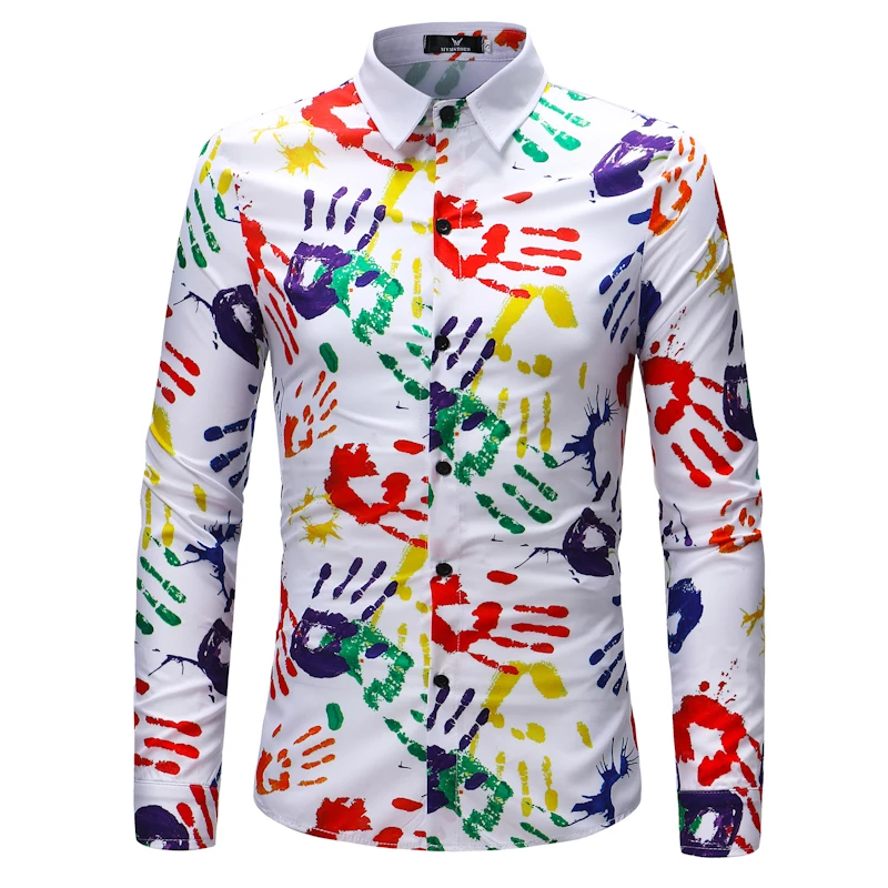 

2019 New White Mens Shirts Cotton Linen male Flower Shirt Long-sleeved