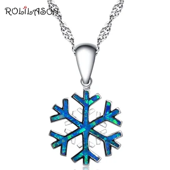 

ROLILASON Snowflake style Amazing Blue Fire Opal Silver Stamped 925 Necklace Pendants for lady anniversary OP746