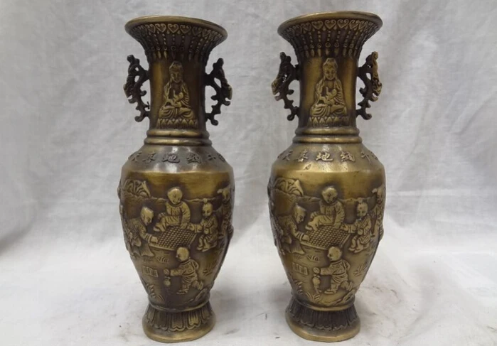

S4131 8" Chinese Bronze Kwan-Yin GuanYin Ci Kid Child Statue Buddha Twin Vase Pot Pair D0318