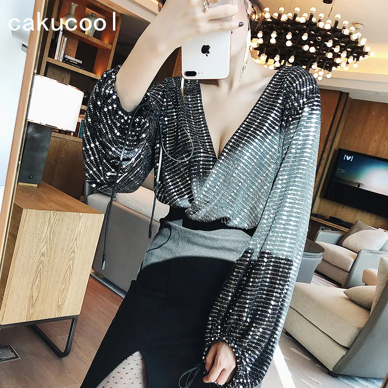 

Cakucool Women Full Sequined Spring Blouse Deep V-neck Long Lantern Sleeve Blusas Bling Party club Conjoined Top Blouses Lady