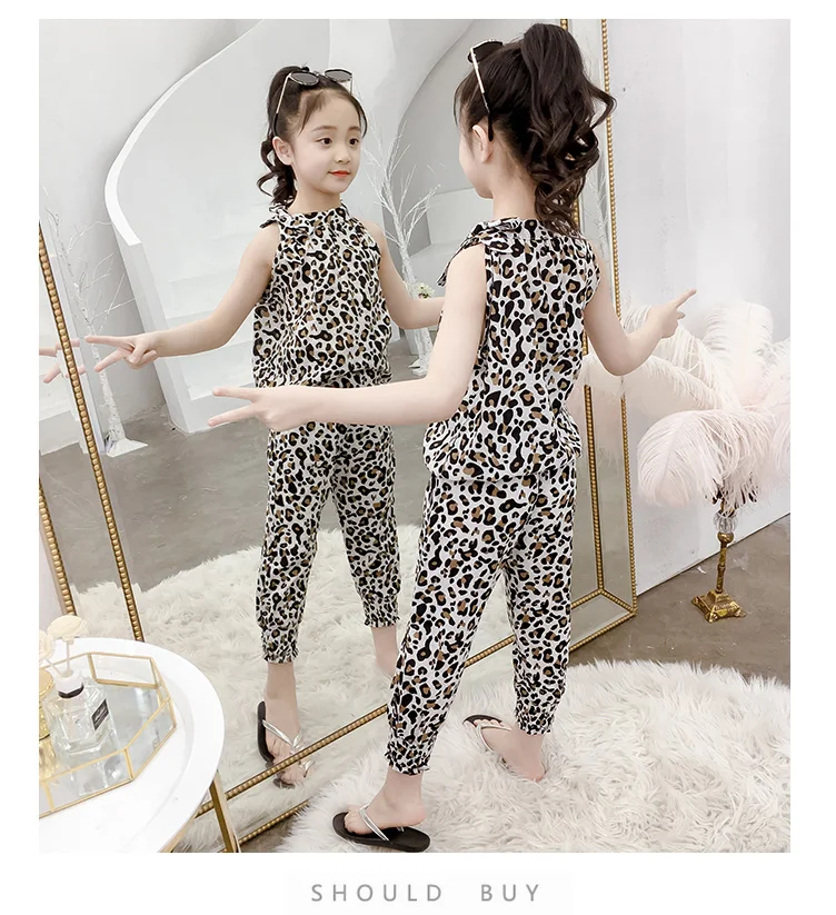 Conjuntos de Roupas Leopardo sem Mangas Camiseta + Calças Novas Crianças Verão Meninas Esportes Conjunto 2 Peças Roupas 4 6 8 10 12 13 Anos 2020 10 Conjuntos de roupas