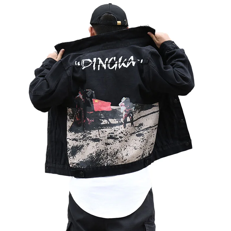 

Autumn High Street Style Men's Clothing China Moon landing Graffiti Print Denim jacket Loose Coats Retro wash Casual Outerwear