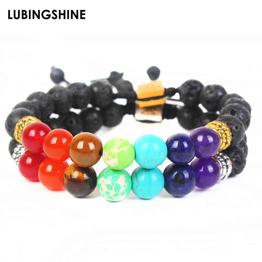 

Gold Silver Color Tree of Life Lava Rock Beads Bracelet 7 Chakra Healing Prayer Yoga Braid Charms Bracelet for Men Women Jewelry