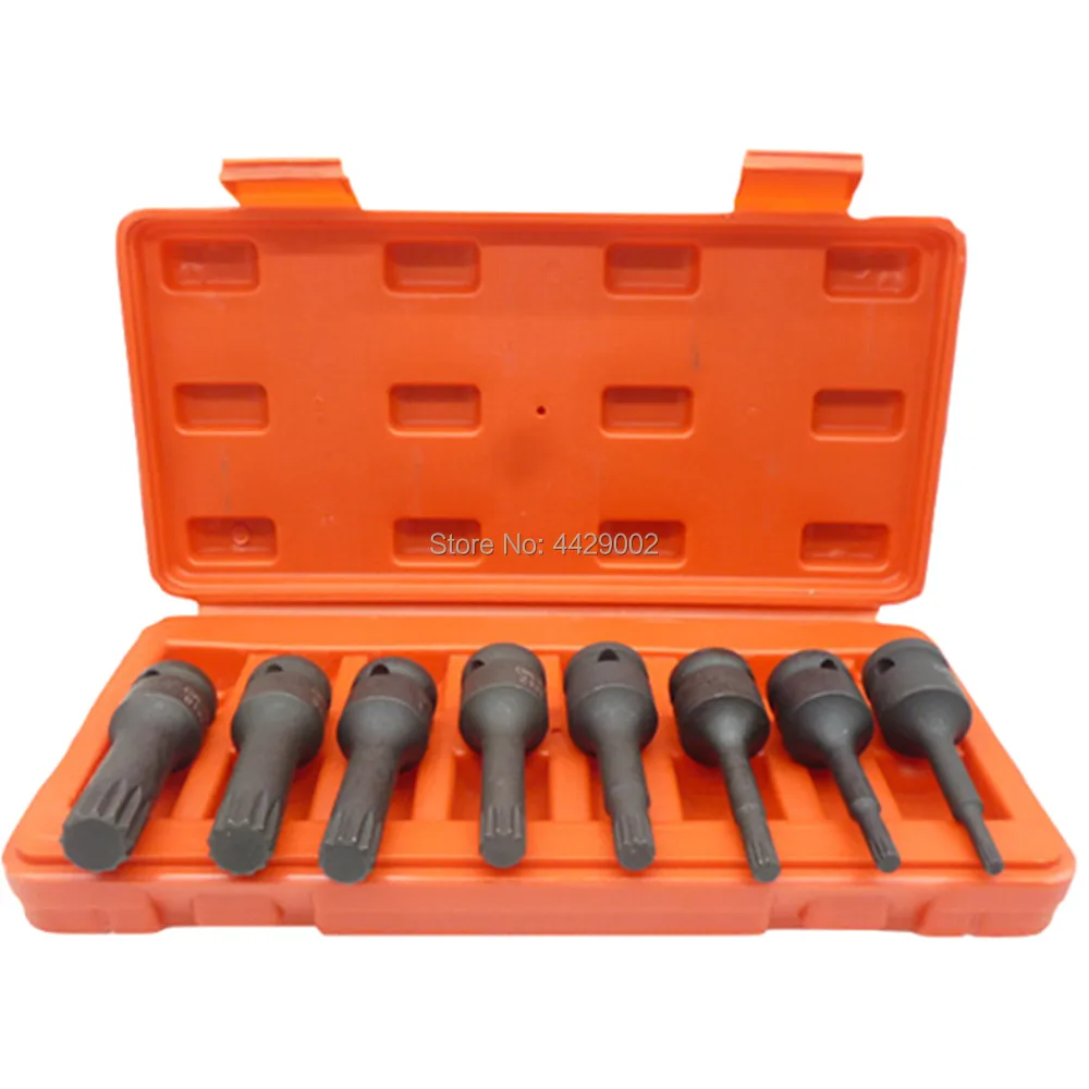 8pcs Air Impact Tamperproof Spline 12 Point Bit Socket Set 1/2" Dr Spline Impact Socket Bits Set M5 M6 M8 M10 M12 M14 M16 M18