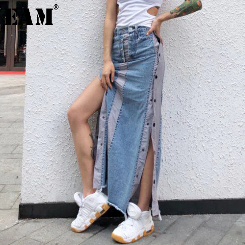 

[EAM] 2019 New Spring Summer High Waist Split Joint Spliced Vent Button Personality Half-body Skirt Women Fashion Tide JX649