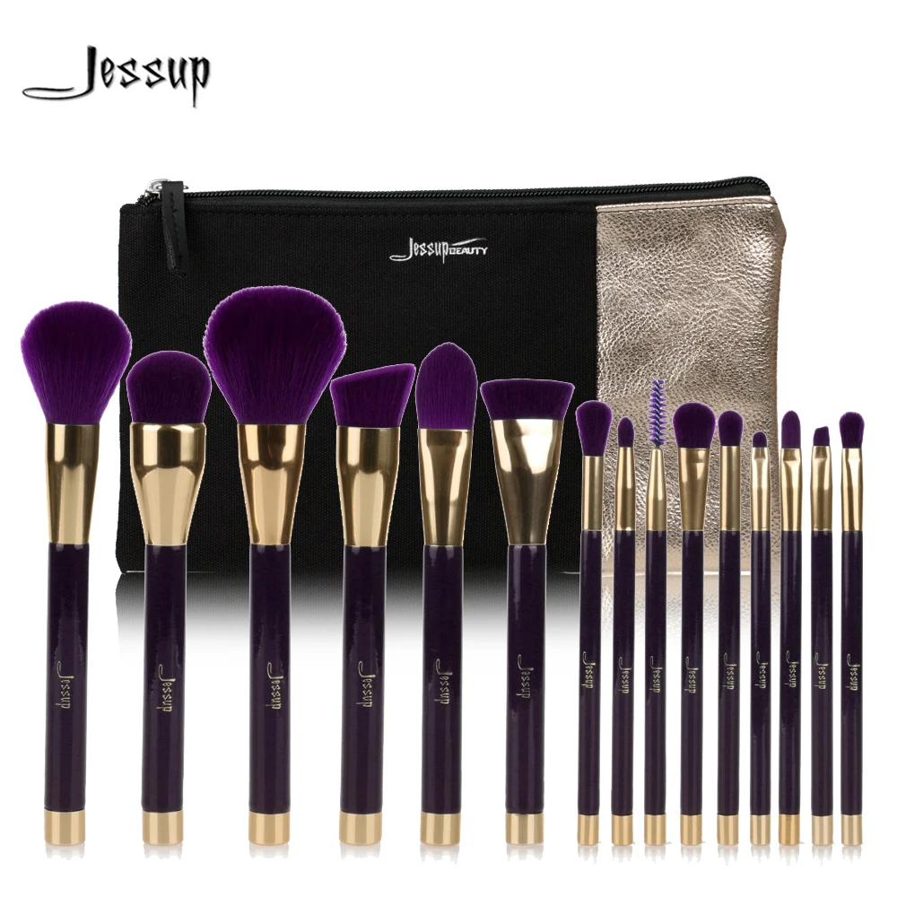 Jessup Brand 15pcs Beauty Makeup Brushes Set Brush Tool Purple and Darkviolet T114 Cosmetics Bags Women