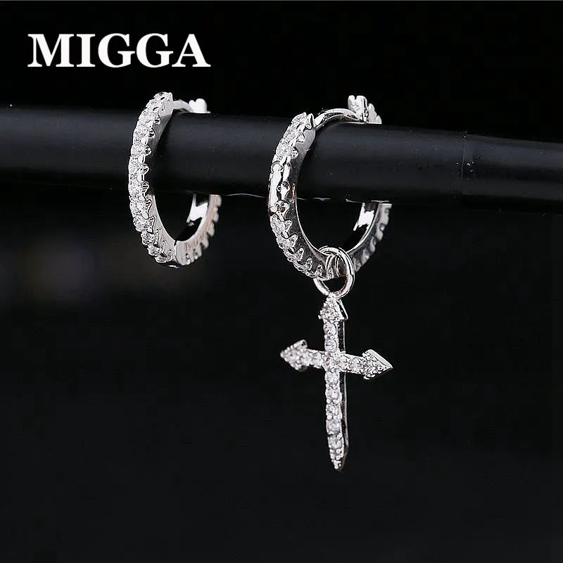 

MIGGA Exquisite Micro Pave Cubic Zirconia Cross Earrings Asymmetrical Fashion Earrings for Women White Gold Color