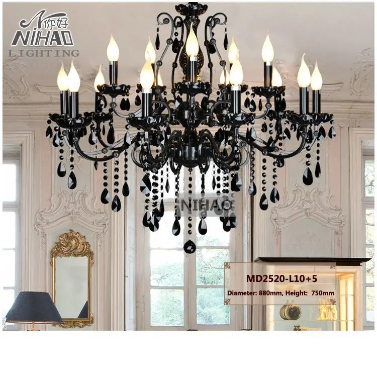 

Vintage Black 15 Arms Crystal Chandelier Light Fixture Large American Wrought Iron Chandelier Hanging Light MD2520 L15