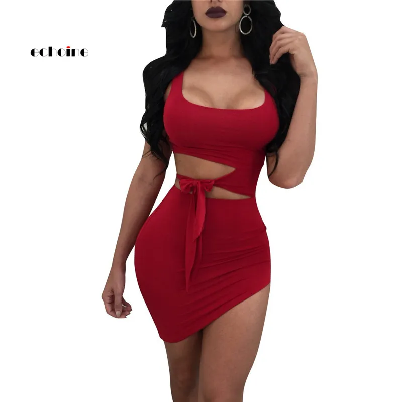 

Echoine Party Club Dresses Women Bandage Low Cut Sleeveless Hollow Out Lace Up Sexy Short Oblique Hem Charming Ladies Outerwear