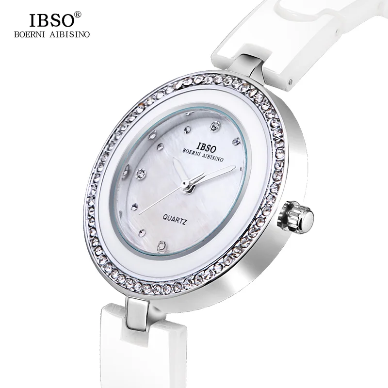 

IBSO High Quality Ceramic Strap Women Watches 2019 Crystal Diamonds Ladies Watch Shell Dial Quartz Watch Women Montre Femme